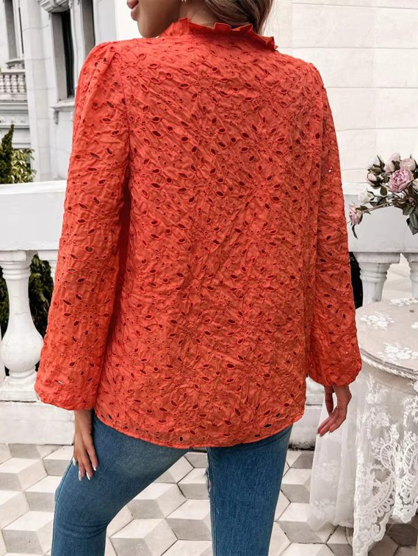 Elegant Ruffled Hollow Out Puff Sleeve Loose Fit Shirt - Image 9