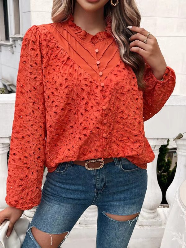 Elegant Ruffled Hollow Out Puff Sleeve Loose Fit Shirt - Image 7