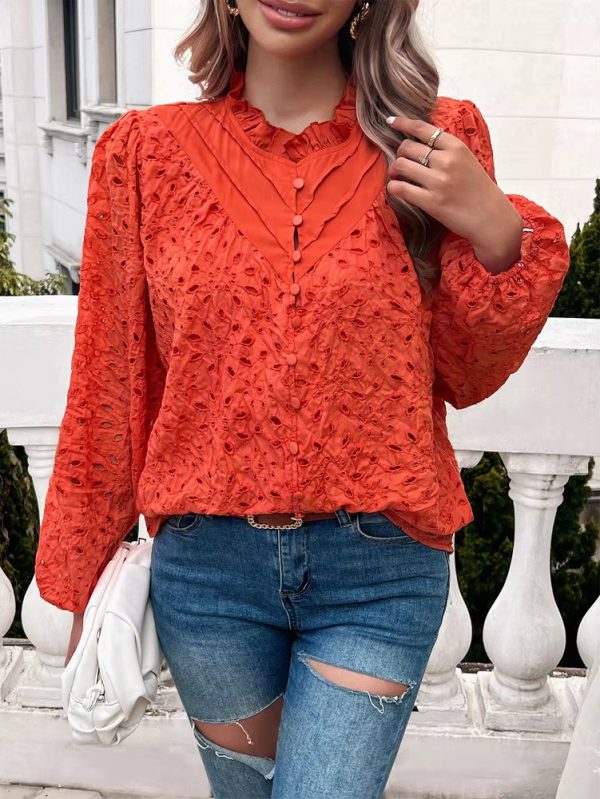 Elegant Ruffled Hollow Out Puff Sleeve Loose Fit Shirt - Image 8