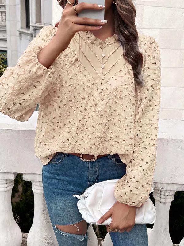 Elegant Ruffled Hollow Out Puff Sleeve Loose Fit Shirt - Image 10