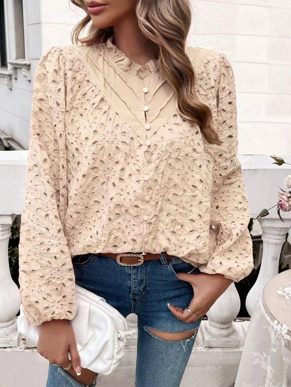 Elegant Ruffled Hollow Out Puff Sleeve Loose Fit Shirt - Image 11