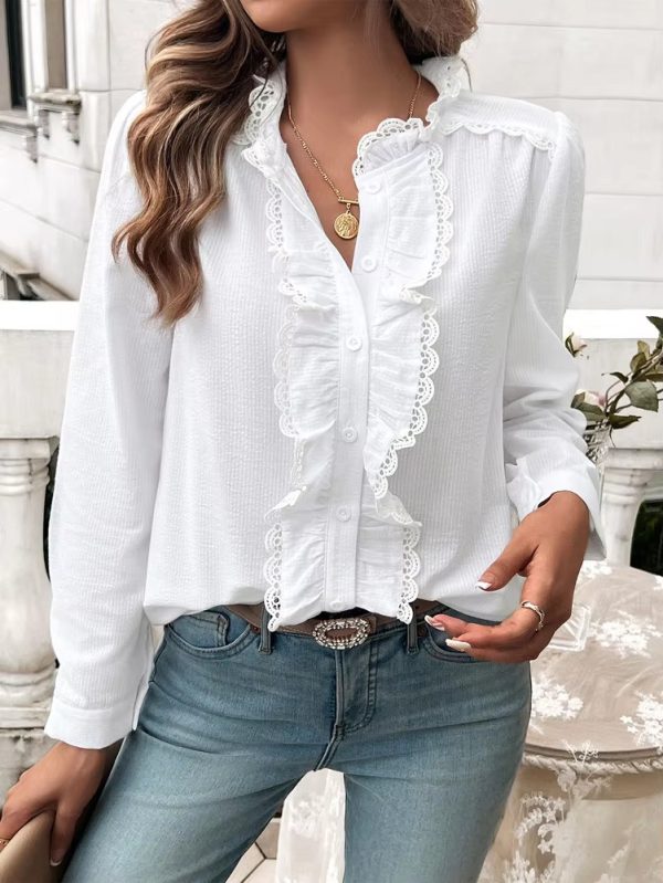 Elegant Ruffled Single Breasted Stand Collar Button Office Lady Shirts Tops - Image 10