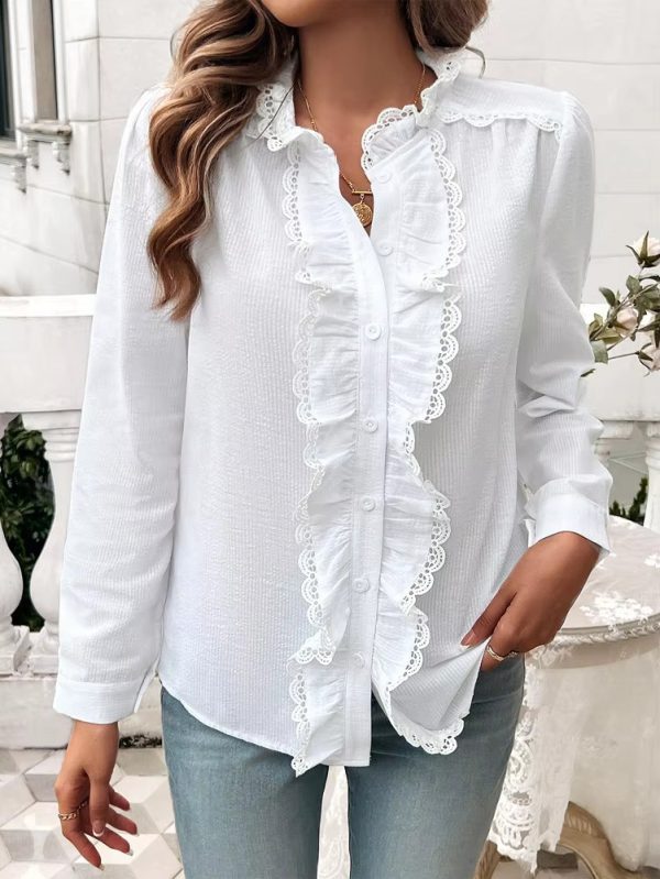 Elegant Ruffled Single Breasted Stand Collar Button Office Lady Shirts Tops - Image 11