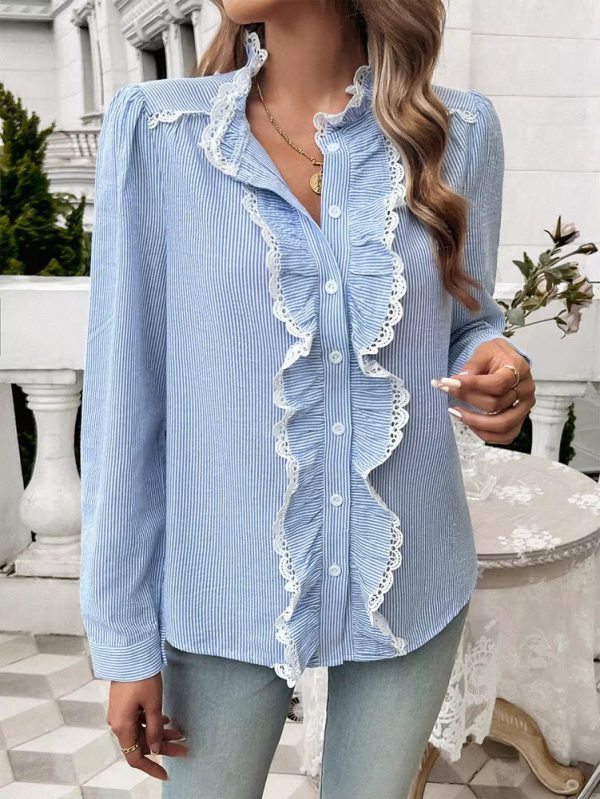 Elegant Ruffled Single Breasted Stand Collar Button Office Lady Shirts Tops