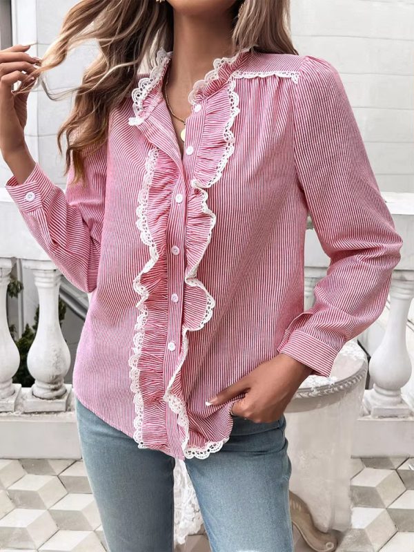 Elegant Ruffled Single Breasted Stand Collar Button Office Lady Shirts Tops - Image 5