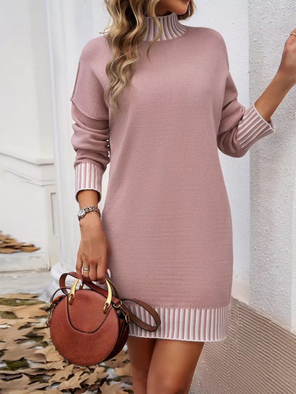 Elegant Stand Collar Long-sleeve Casual Patchwork Loose Mini Knitted Dress - Image 9