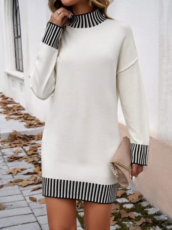 Elegant Stand Collar Long-sleeve Casual Patchwork Loose Mini Knitted Dress - Image 12