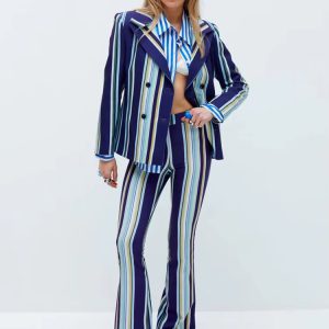Elegant Striped Notched Designer Runway Jacket Flare Pants 2pcs Suit Set