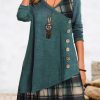Elegant V-Neck Buttons Long Sleeve Pullover Everyday Loose Party Dress - Image 3