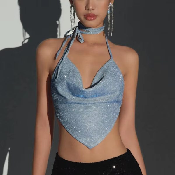 Glitter Halter Bright Silk Ruched Backless Cropped Tops - Image 3