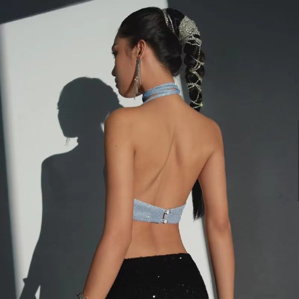 Glitter Halter Bright Silk Ruched Backless Cropped Tops - Image 6