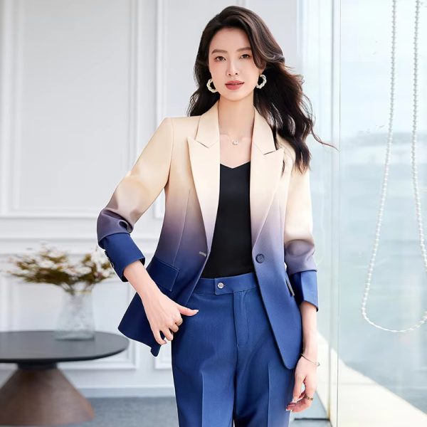 Gradient Color Printed Single Button Blazer Flare Pants Designer Suit Set - Image 2