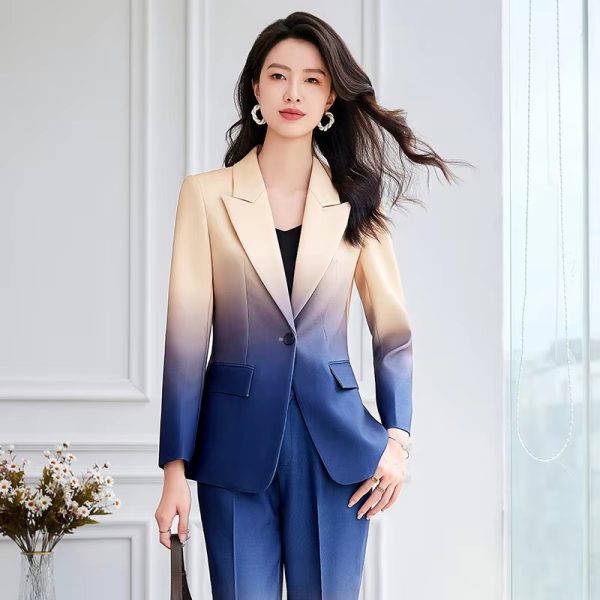 Gradient Color Printed Single Button Blazer Flare Pants Designer Suit Set