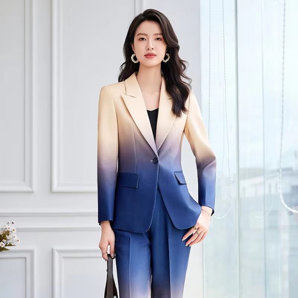 Gradient Color Printed Single Button Blazer Flare Pants Designer Suit Set - Image 5