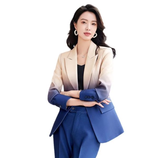 Gradient Color Printed Single Button Blazer Flare Pants Designer Suit Set - Image 6