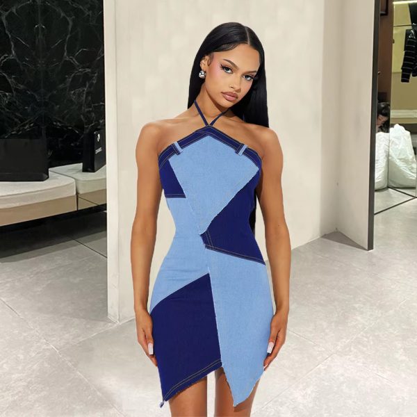 Halter Backless Off Shoulder Color Blocking Patchwork Bodycon Short Sundress