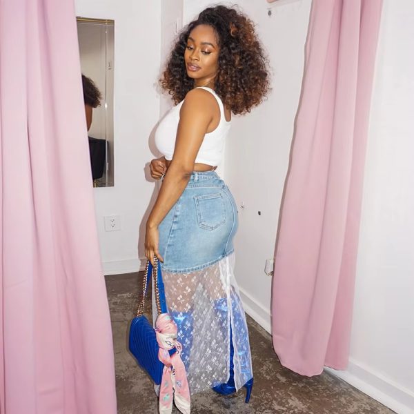 Mesh Patchwork empire Waist See Through Punk Denim Maxi Skirts - Image 3