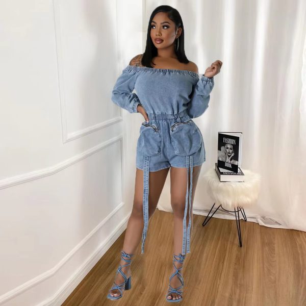 Casual Off Shoulder Long Sleeve Front Pocket Straight Washed Jeans Denim Jumpsuit