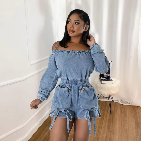 Casual Off Shoulder Long Sleeve Front Pocket Straight Washed Jeans Denim Jumpsuit - Image 3