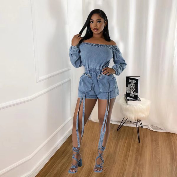 Casual Off Shoulder Long Sleeve Front Pocket Straight Washed Jeans Denim Jumpsuit - Image 2