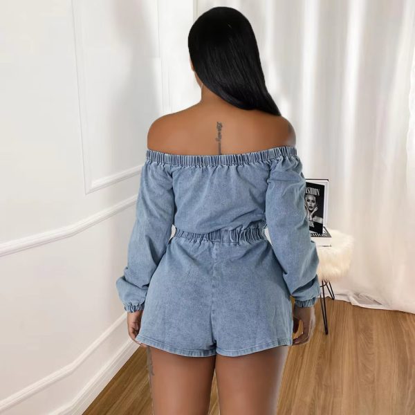 Casual Off Shoulder Long Sleeve Front Pocket Straight Washed Jeans Denim Jumpsuit - Image 5