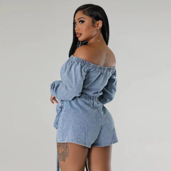 Casual Off Shoulder Long Sleeve Front Pocket Straight Washed Jeans Denim Jumpsuit - Image 4