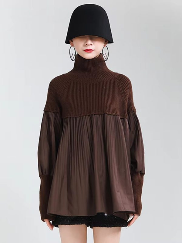 Casual Pleated Knitting Turtleneck Fit Long Sleeve Loose Sweater