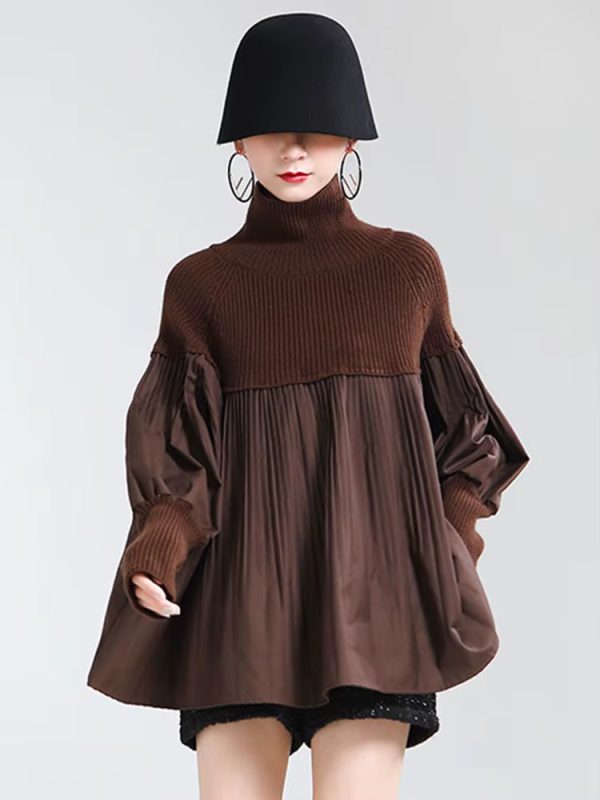 Casual Pleated Knitting Turtleneck Fit Long Sleeve Loose Sweater - Image 2