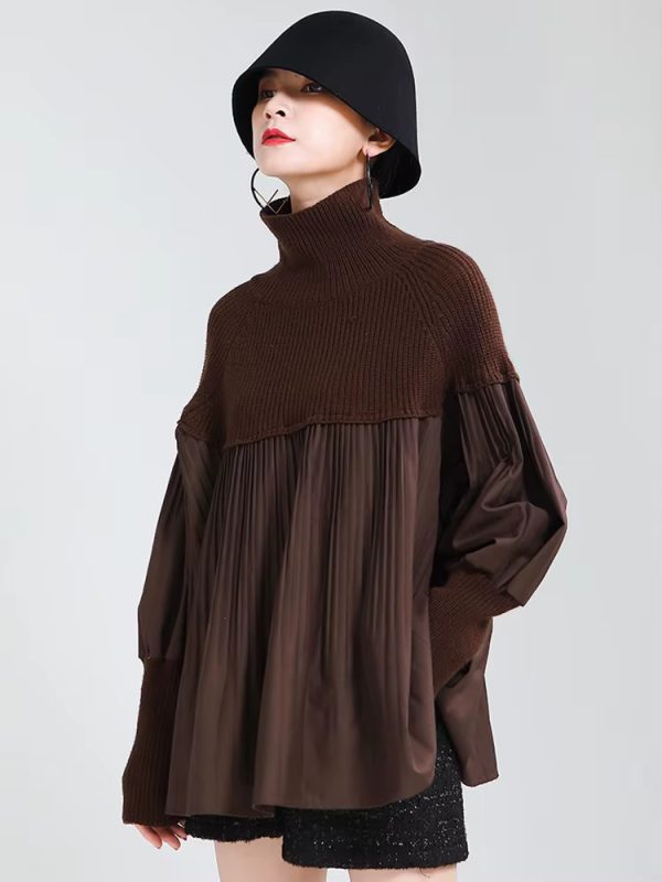 Casual Pleated Knitting Turtleneck Fit Long Sleeve Loose Sweater - Image 3