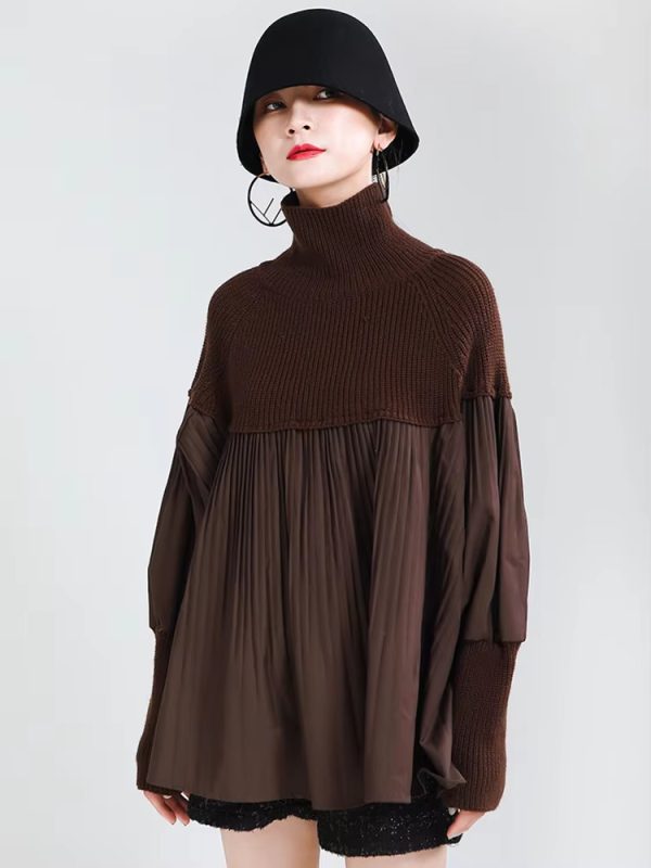 Casual Pleated Knitting Turtleneck Fit Long Sleeve Loose Sweater - Image 4