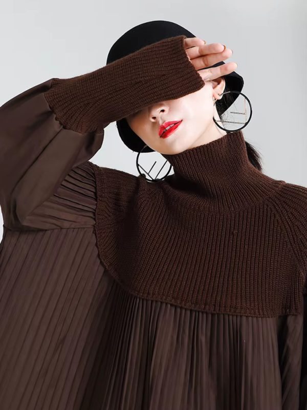 Casual Pleated Knitting Turtleneck Fit Long Sleeve Loose Sweater - Image 6