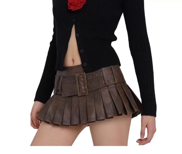 Pleated low waist A-line waist decorative belt retro leather skirt