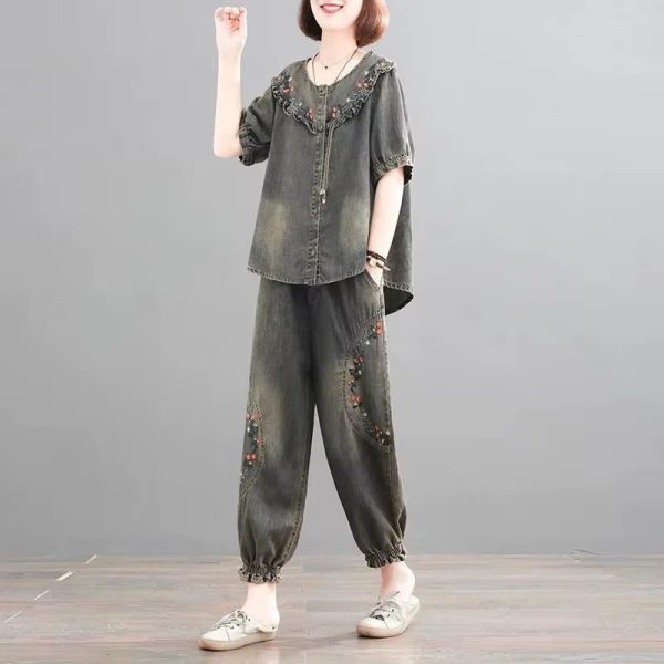 Retro Casual Loose Denim Shirt Elastic Waist Jeans Pants 2PCS Large Size Suit - Image 4