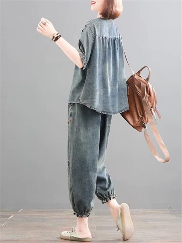 Retro Casual Loose Denim Shirt Elastic Waist Jeans Pants 2PCS Large Size Suit - Image 3