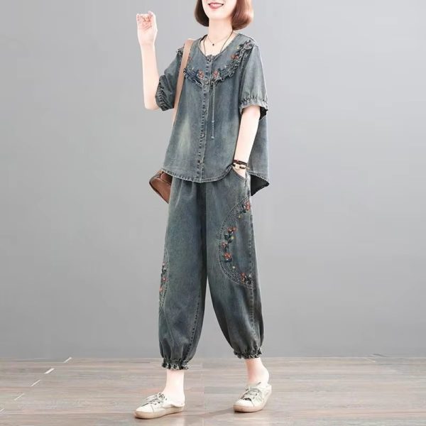 Retro Casual Loose Denim Shirt Elastic Waist Jeans Pants 2PCS Large Size Suit