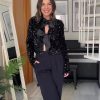 Sequined Long-sleeved Crew Neck Lace-up Short Jacket