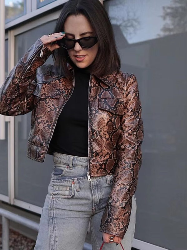 Snake Printed Leather Chic Lapel Zipper Long Sleeve High Street Outwear Short Jackets - Image 3