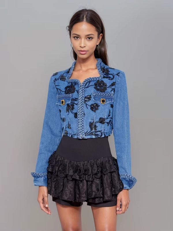 Trendy Embroidery Sequins V-neck Long Sleeves Denim Jacket