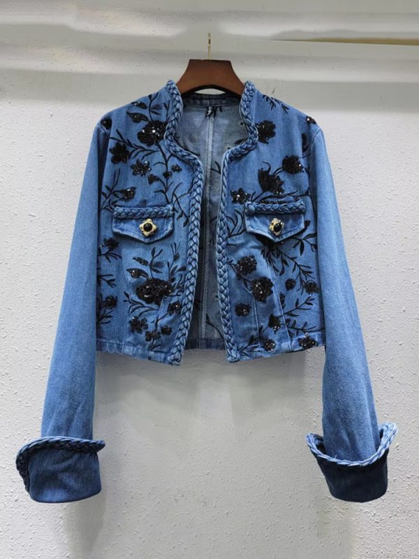 Trendy Embroidery Sequins V-neck Long Sleeves Denim Jacket - Image 2