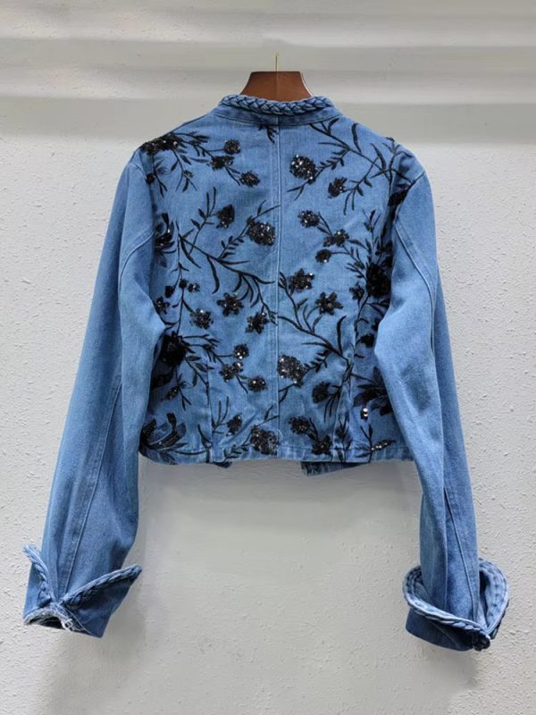 Trendy Embroidery Sequins V-neck Long Sleeves Denim Jacket - Image 6