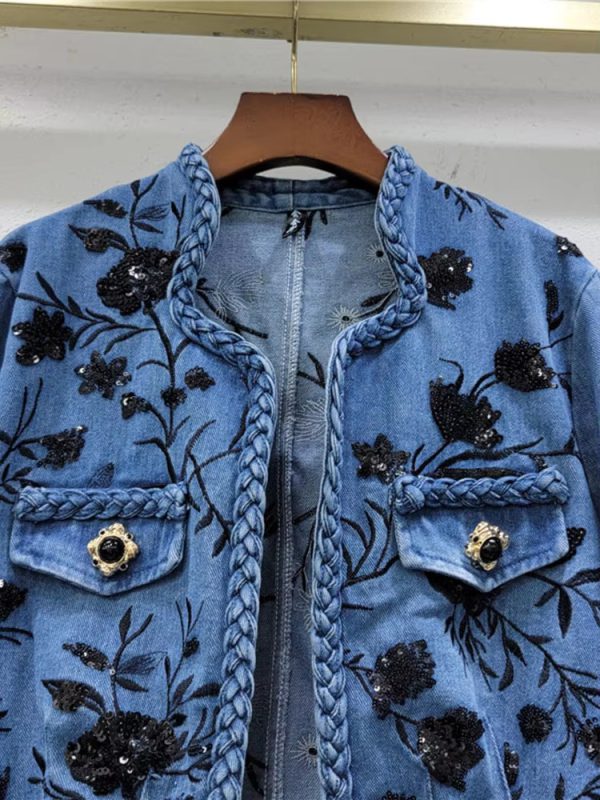 Trendy Embroidery Sequins V-neck Long Sleeves Denim Jacket - Image 3