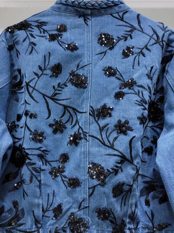 Trendy Embroidery Sequins V-neck Long Sleeves Denim Jacket - Image 5