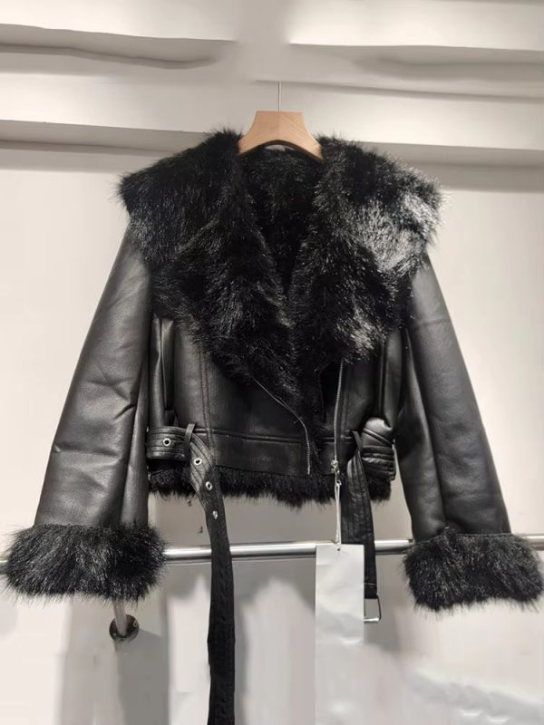 Trendy Lapel Long Sleeve Spliced Leather Faux Fur Motorcycle Jacket - Image 7