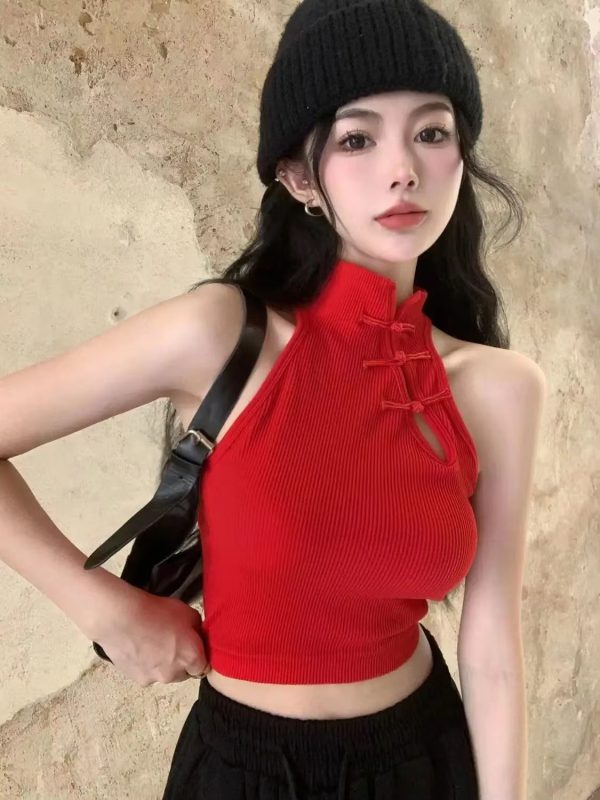 Vintage Halter O-Neck Retro Button Elegant Crop Tops with Bra Pad