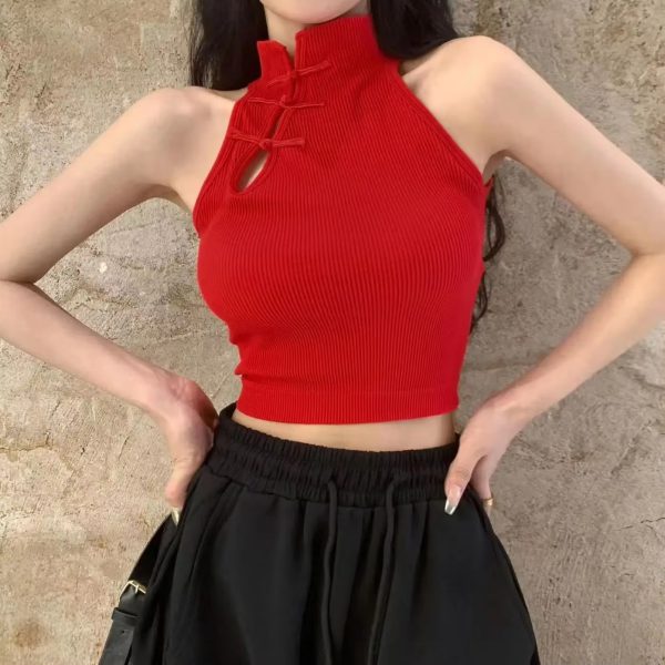 Vintage Halter O-Neck Retro Button Elegant Crop Tops with Bra Pad - Image 2