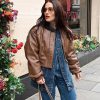 Vintage Imitation Leather O-neck Zipper Pockets Loose Short High Street Outwear Jacket - Image 4