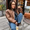 Vintage Imitation Leather O-neck Zipper Pockets Loose Short High Street Outwear Jacket - Image 6