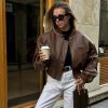 Vintage Imitation Leather O-neck Zipper Pockets Loose Short High Street Outwear Jacket