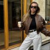 Vintage Imitation Leather O-neck Zipper Pockets Loose Short High Street Outwear Jacket - Image 2