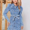Vintage Puff Sleeve Belted Single Breasted Street Style Mini Jean Dresses - Image 3